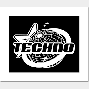 TECHNO  - Y2K grid globe stars (white) Posters and Art